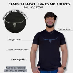 Camiseta Masculina Os Moiadeiros Preta Manga Curta Com Logo Longhorn Preto De Bandeira EUA Ref.MC708