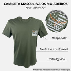 Camiseta Masculina Os Moiadeiros Verde Militar Manga Curta Com Logo EUA Branco REF: MC724