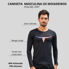 Camiseta Masculina Os Moiaderios Preta Manga Longa Com Proteção UV E Logo Longhorn Bandeira EUA Ref:UV97