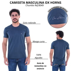 Camiseta Masculina Ox Horns Básica Manga Curta Chumbo Com Logo Pequeno Bordado Cinza Ref: 8049