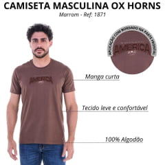 Camiseta Masculina Ox Horns Manga Curta Marrom Com Aplicação Ampérica em Marrom Ref: 1871