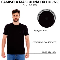Camiseta Masculina Ox Horns Manga Curta Preta Básica Com Logo Bordado Preto Ref 8001