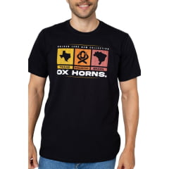 Camiseta Masculina Ox Horns Manga Curta Preta Com Estampa Amarelo e Laranja - Ref.1726