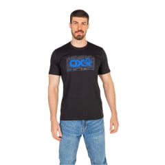 Camiseta Masculina Ox Horns Manga Curta Preta Com Logo Aplicada Em Azul Royal Ref:1754