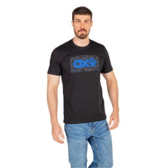 Camiseta Masculina Ox Horns Manga Curta Preta Com Logo Aplicada Em Azul Royal Ref:1754