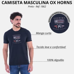 Camiseta Masculina Ox Horns Manga Curta Preto Estampada Country Best Ref 1862