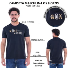 Camiseta Masculina Ox Horns Manga Curta Preto Estampada Logo Bege Ref:1860