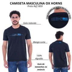 Camiseta Masculina Ox Horns Manga Curta Preto Estampada Logo Em Azul Ref:1859