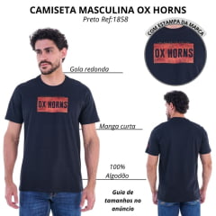 Camiseta Masculina Ox Horns Manga Curta Preto Estampada Logo Preto E Laranja Ref:1858