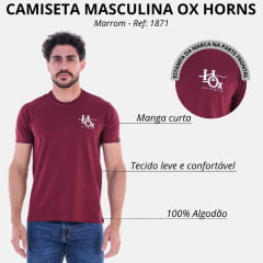 Camiseta Masculina Ox Horns Manga Curta Vinho Estampada Logo Branco Ref 1873