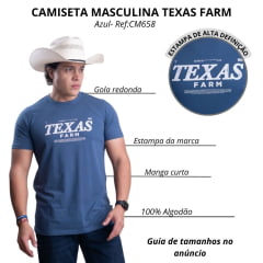 Camiseta Masculina Texas Farm Affinity Manga Curta Azul Intense Estampada Branco Ref:CM658