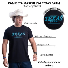 Camiseta Masculina Texas Farm Affinity Manga Curta Preto Estampada Azul Claro Ref:CM658