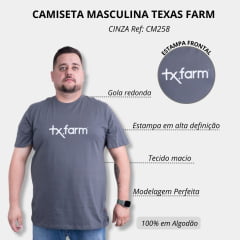 Camiseta Masculina Texas Farm Cinza Médio Plus Size Manga Curta Com Logo em Branco Ref.CM258