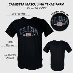 Camiseta Masculina Texas Farm Manga Curta Preta C/ Logo Usa em Azul - Ref: CM552