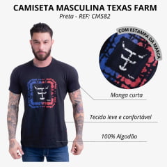 Camiseta Masculina Texas Farm Manga Curta Preta Com Logo Branca/Azul/Vermelho Grande REF: CM582