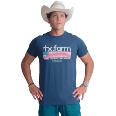 Camiseta Masculina Texas Farm Azul Intense Com Logo Branco E Bandeira EUA Ref:CM573
