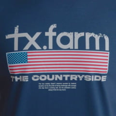 Camiseta Masculina Texas Farm Azul Intense Com Logo Branco E Bandeira EUA Ref:CM573
