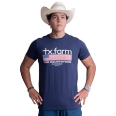 Camiseta Masculina Texas Farm Manga Curta Azul Marinho Com Logo Branco E Bandeira Eua-Ref:CM573