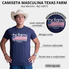Camiseta Masculina Texas Farm Manga Curta Azul Marinho Com Logo Branco E Bandeira Eua-Ref:CM573