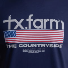 Camiseta Masculina Texas Farm Manga Curta Azul Marinho Com Logo Branco E Bandeira Eua-Ref:CM573