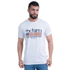 Camiseta Masculina Texas Farm Manga Curta Off White Com Logo Azul E Bandeira Eua Ref:CM573