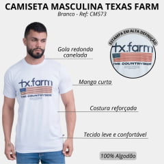 Camiseta Masculina Texas Farm Manga Curta Off White Com Logo Azul E Bandeira Eua Ref:CM573