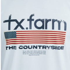 Camiseta Masculina Texas Farm Manga Curta Off White Com Logo Azul E Bandeira Eua Ref:CM573