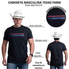 Camiseta Masculina Texas Farm Manga Curta Preta Com Estampa Em Azul E Vermelho Ref:CM674
