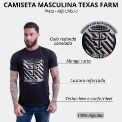 Camiseta Masculina Texas Farm Manga Curta Preto Estampada Logo Bandeira Bege Ref:CM570