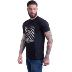 Camiseta Masculina Texas Farm Manga Curta Preto Estampada Logo Bandeira Bege Ref:CM570