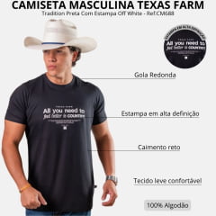 Camiseta Masculina Texas Farm Manga Curta Tradition Preta Estampa Off White Ref:CM688