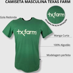 Camiseta Masculina Texas Farm Manga Curta Verde Bandeira Com Logo Estampado Branco.CM258