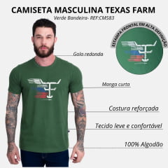 Camiseta Masculina Texas Farm Manga Curta Verde Bandeira Estampada Logo Branco - REF:CM583