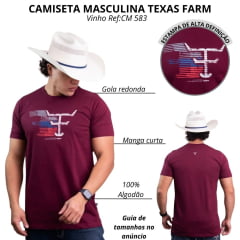 Camiseta Masculina Texas Farm Manga Curta Vermelho Vinho Logo Branco E Detalhes Coloridos Ref:CM583