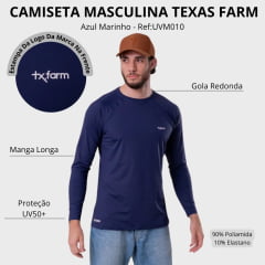 Camiseta Masculina Texas Farm Manga Longa UV50+ Azul Marinho Com Logo Pequeno Branco - REF:UVM010