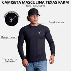 Camiseta Masculina Texas Farm Manga Longa UV50+ Preto Com Logo Pequeno Branco - REF:UVM009
