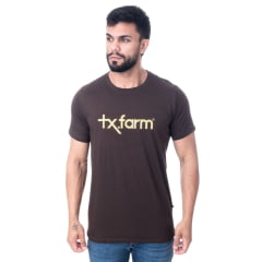 Camiseta Masculina Texas Farm Marrom Café Manga Curta Com Logo Bege Ref.CM258