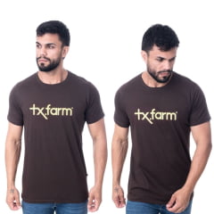 Camiseta Masculina Texas Farm Marrom Café Manga Curta Com Logo Bege Ref.CM258