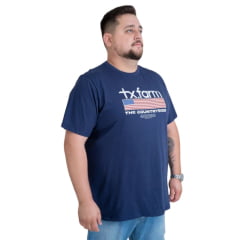 Camiseta Masculina Texas Farm Plus Size Manga Curta Azul Marinho Com Logo Branco E Bandeira EUA Ref: CM573
