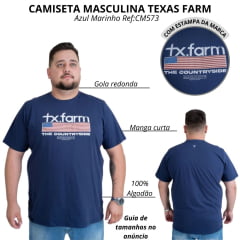Camiseta Masculina Texas Farm Plus Size Manga Curta Azul Marinho Com Logo Branco E Bandeira EUA Ref: CM573