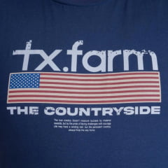 Camiseta Masculina Texas Farm Plus Size Manga Curta Azul Marinho Com Logo Branco E Bandeira EUA Ref: CM573
