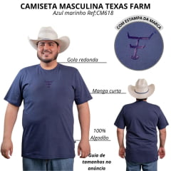 Camiseta Masculina Texas Farm Plus Size Manga Curta Azul Marinho Com Logo Em Azul Ref:CM618