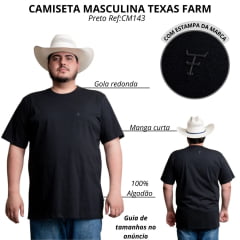 Camiseta Masculina Texas Farm Plus Size Manga Curta Básica Preta Com Logo Pequeno Em Cinza Ref:CM143