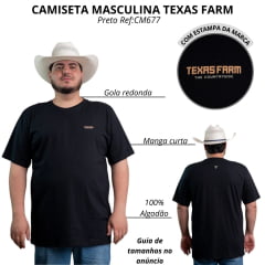 Camiseta Masculina Texas Farm Plus Size Manga Curta Preta Com Escrita Da Marca Caramelo Ref:CM677