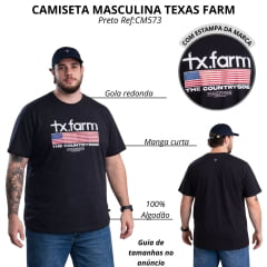 Camiseta Masculina Texas Farm Plus Size Manga Curta Preta Com Estampa USA Escrita Off White Ref:CM573