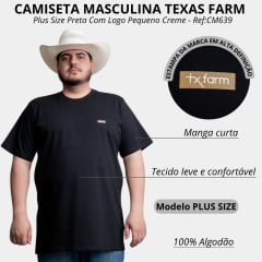 Camiseta Masculina Texas Farm Plus Size Manga Curta Preta Logo Creme Ref:CM639