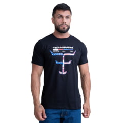 Camiseta Masculina Texas Farm Preta Manga Curta Com Logo Estampada Bandeira EUA REF: CM622