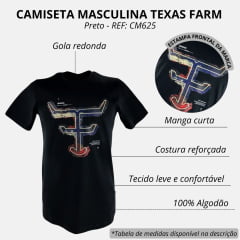 Camiseta Masculina Texas Farm Preta Manga Curta Com Logo Estampada De Cores Mescladas Da Bandeira EUA REF: CM625