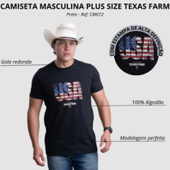 Camiseta Masculina Texas Farm Preta Manga Curta Plus Size Logo USA Ref:CM672