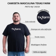 Camiseta Masculina Texas Farm Preta Plus Size Manga Curta Com Logo em Branco Ref.CM258